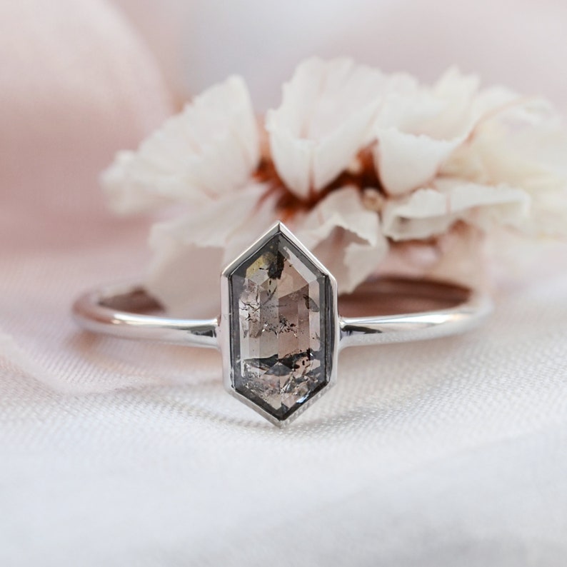 Hexagon diamond engagement ring, Rose cut diamond ring, Salt and pepper alternative ring image 4