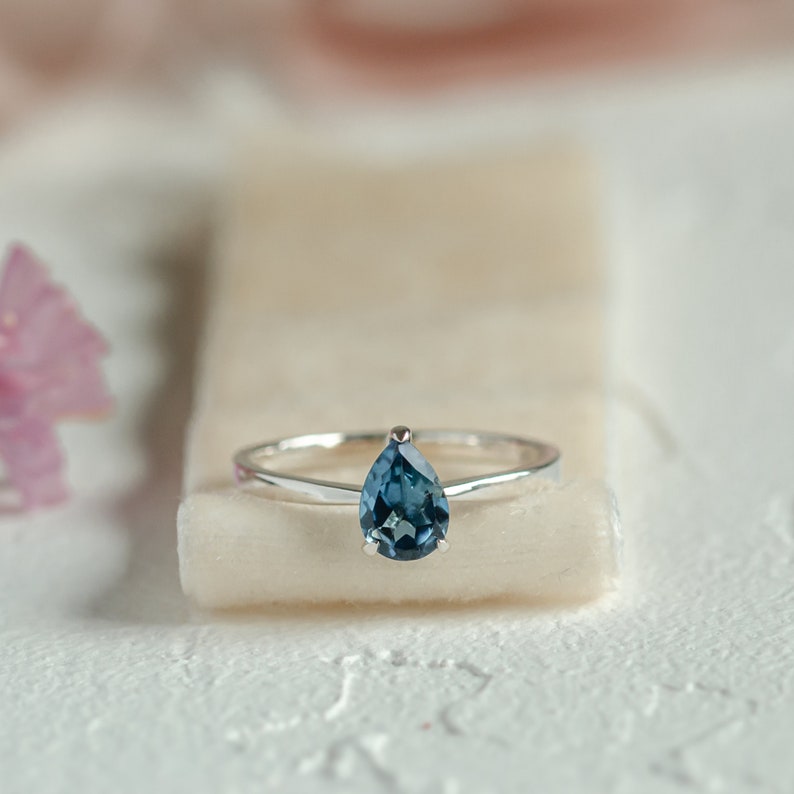 London blue topaz engagement ring, Solitaire pear topaz ring, Delicate pear ring image 3