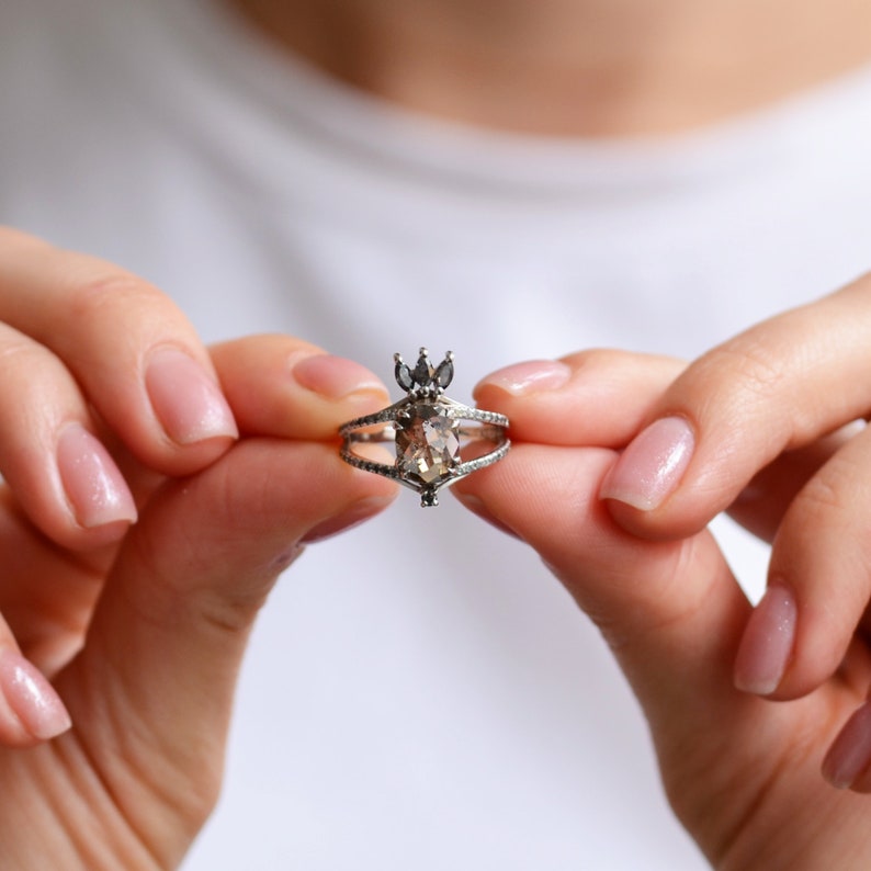 14K White gold floral engagement ring, Split shank oval cut diamond ring, Marquise salt and pepper engagement ring image 5