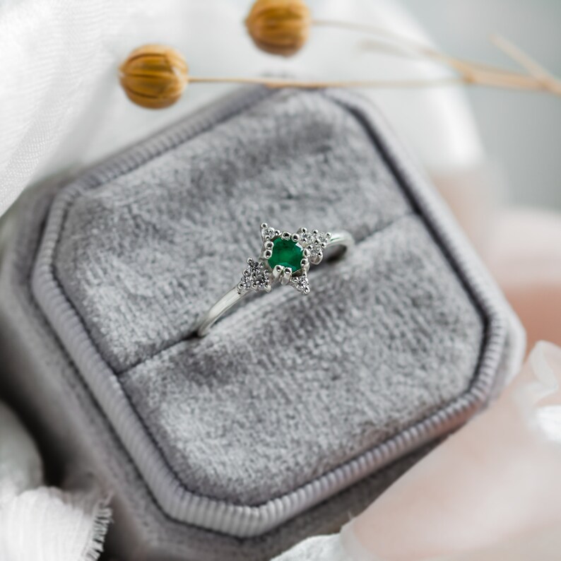 Natural emerald engagement ring, Emerald diamond cluster ring, Dainty solitaire gold ring image 4