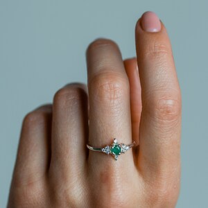 Natural emerald engagement ring, Emerald diamond cluster ring, Dainty solitaire gold ring image 7