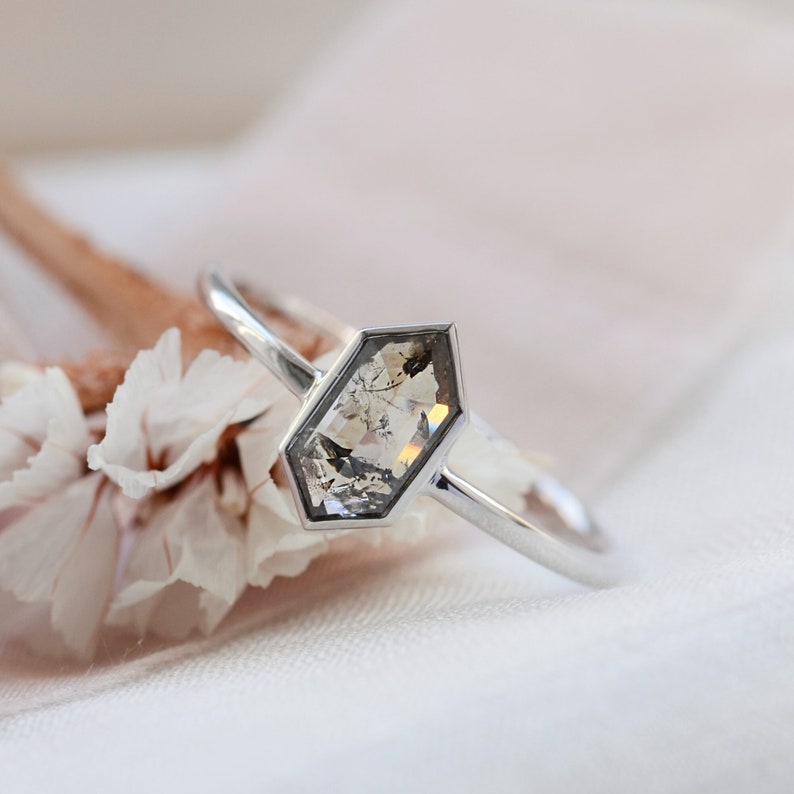 Hexagon diamond engagement ring, Rose cut diamond ring, Salt and pepper alternative ring image 2