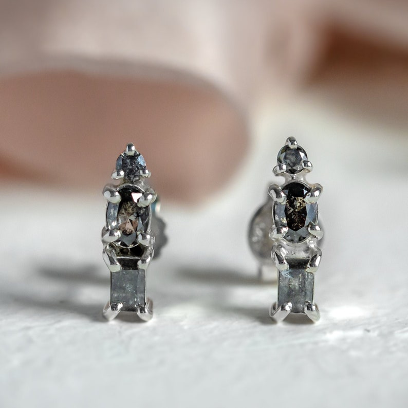 Salt and pepper diamond drop earrings, Multi stone earrings, Modern diamond earrings image 1