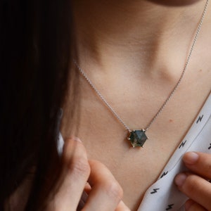 Hexagon moss agate necklace, Gold hexagon necklace, Moss agate jewelry