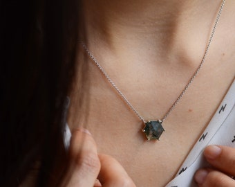 Hexagon moss agate necklace, Gold hexagon necklace, Moss agate jewelry