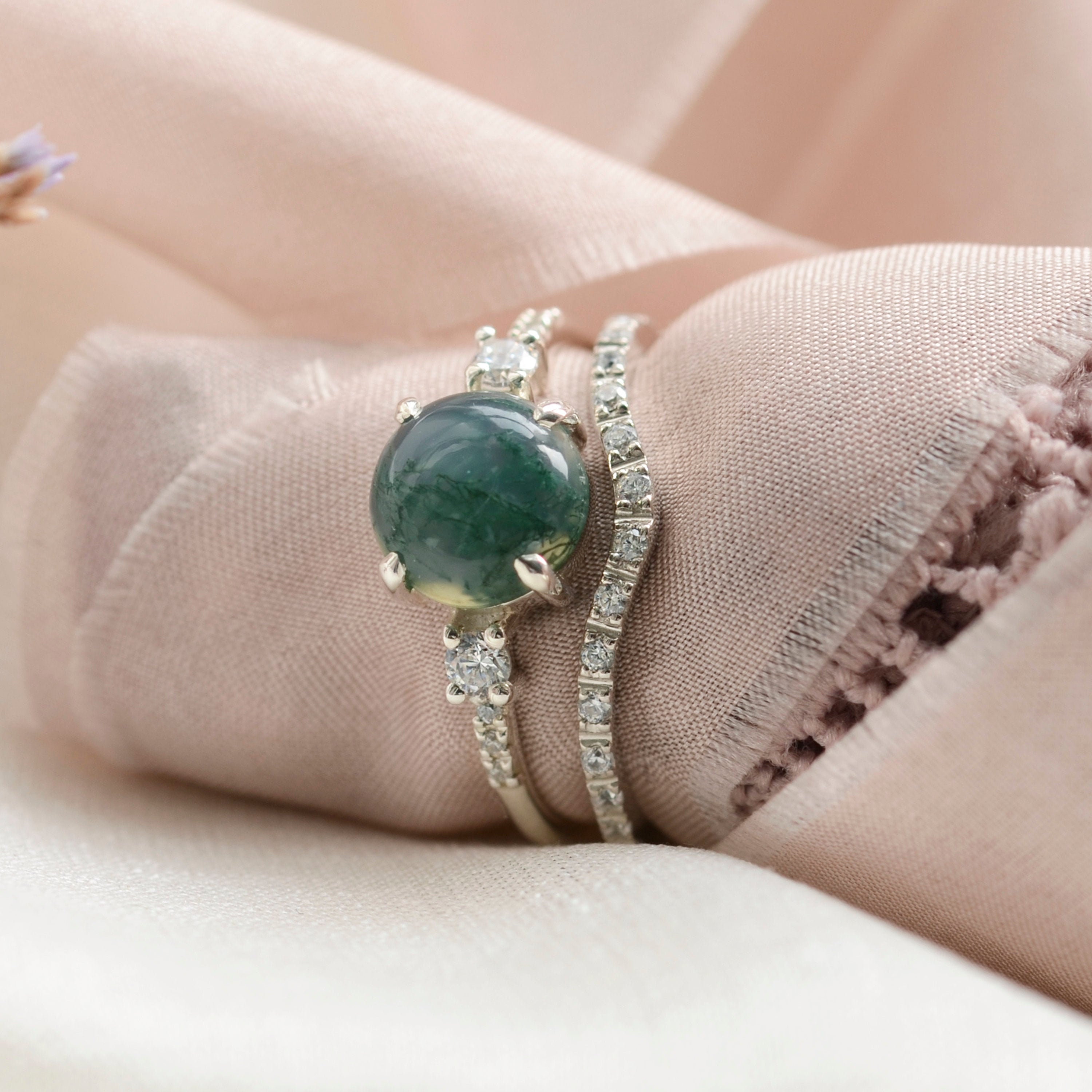 Natural gemstone engagement ring Round moss agate ring Three | Etsy