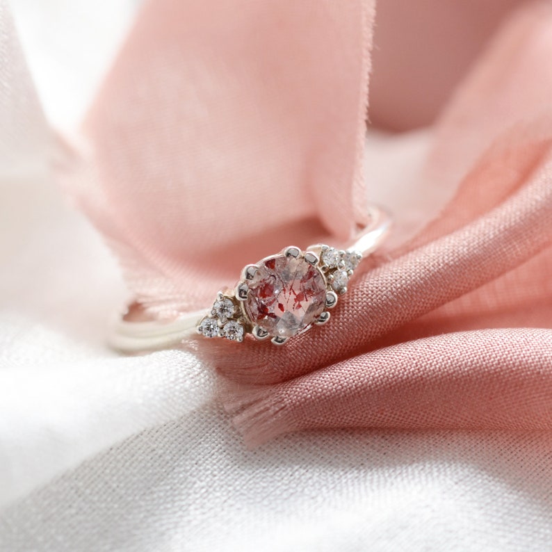 Strawberry quartz engagement ring, Unique gemstone ring, Golden cluster diamond ring image 4