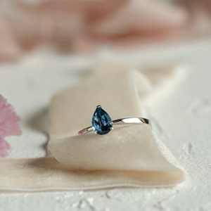 London blue topaz engagement ring, Solitaire pear topaz ring, Delicate pear ring image 8