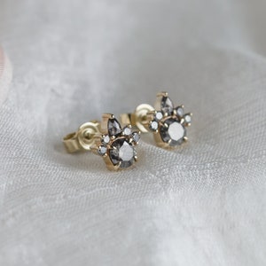 Bridal cluster earrings, Salt and Pepper diamond cluster earrings in Yellow gold 14K image 4