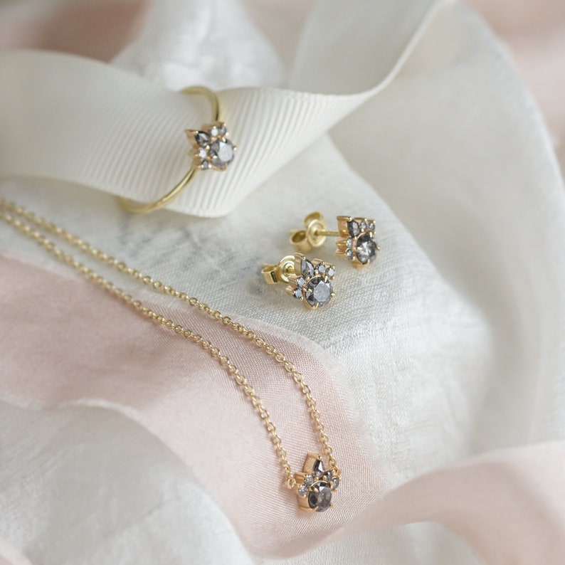 Bridal cluster earrings, Salt and Pepper diamond cluster earrings in Yellow gold 14K image 9