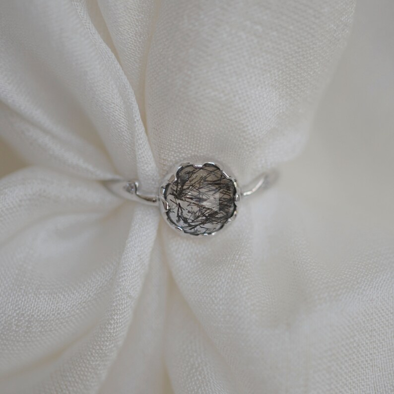 Art deco flower ring, Black rutilated quartz ring, Flower engagement ring, Alternative engagement ring image 5