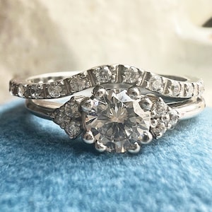 Cluster diamond ring set, Alternative engagement ring set, Dainty solid gold ring set