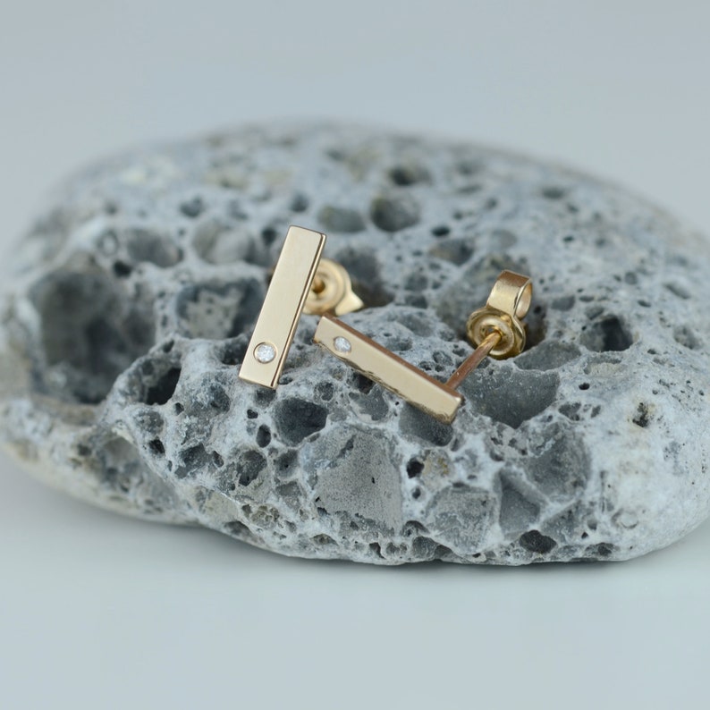 Gold line diamond earrings, Minimalist gold studs, Tiny diamond earrings image 3