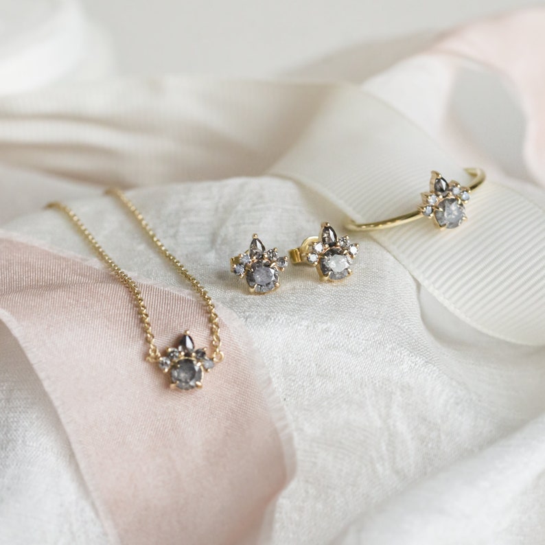 Bridal cluster earrings, Salt and Pepper diamond cluster earrings in Yellow gold 14K image 8