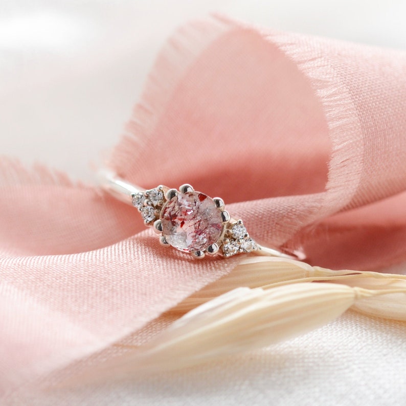 Strawberry quartz engagement ring, Unique gemstone ring, Golden cluster diamond ring image 1