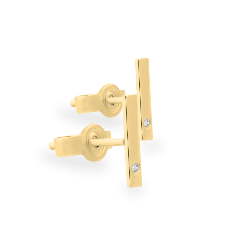 Gold line diamond earrings, Minimalist gold studs, Tiny diamond earrings image 7