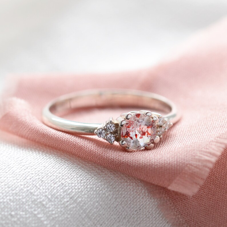 Strawberry quartz engagement ring, Unique gemstone ring, Golden cluster diamond ring image 5
