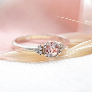 Strawberry quartz engagement ring, Unique gemstone ring, Golden cluster diamond ring image 7