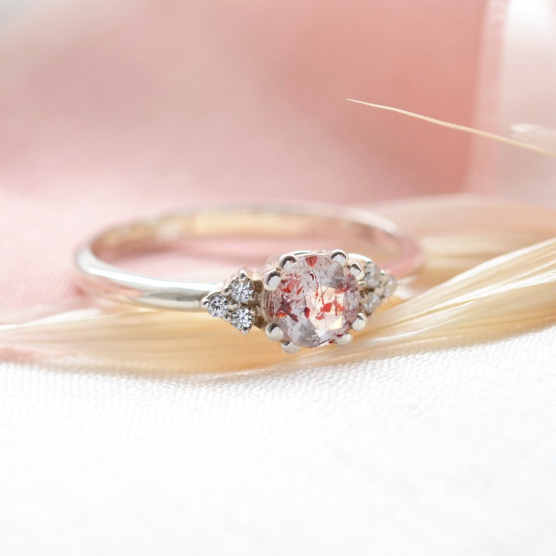 Strawberry quartz engagement ring, Unique gemstone ring, Golden cluster diamond ring image 7
