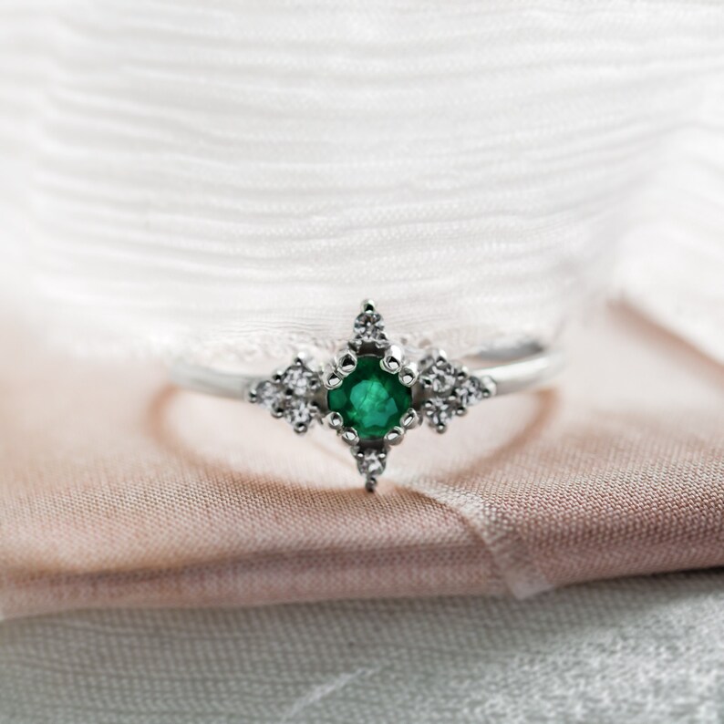 Natural emerald engagement ring, Emerald diamond cluster ring, Dainty solitaire gold ring image 2