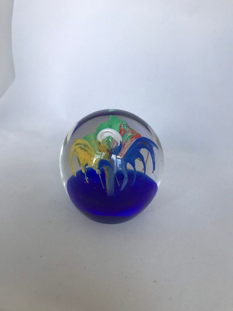 Blue Multicoloured Flower glass paper weight 6.5cm tall