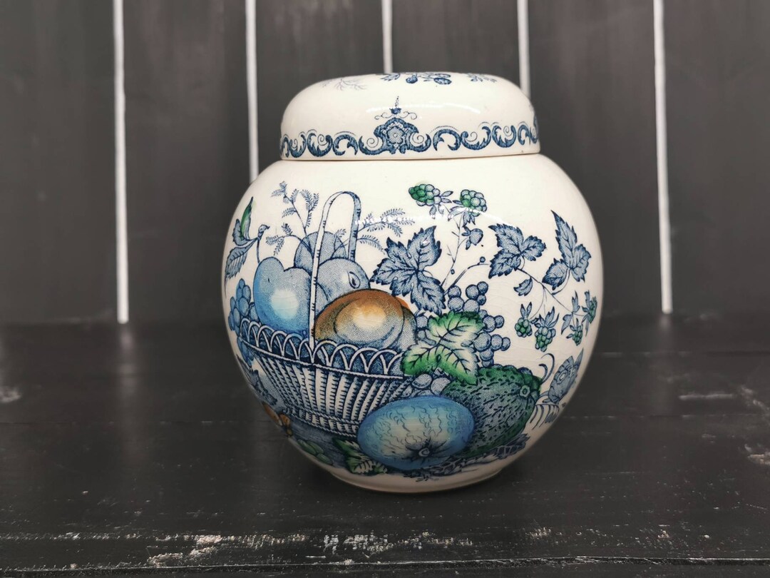 Vintage Masons Ginger Jar, Blue Fruit Basket With Lid Etsy