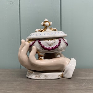 Antique Conta & Boehme porcelain, Hard paste Porcelain Trinket Pot, 19th C Hand holding trinket, Possibly Germany image 1