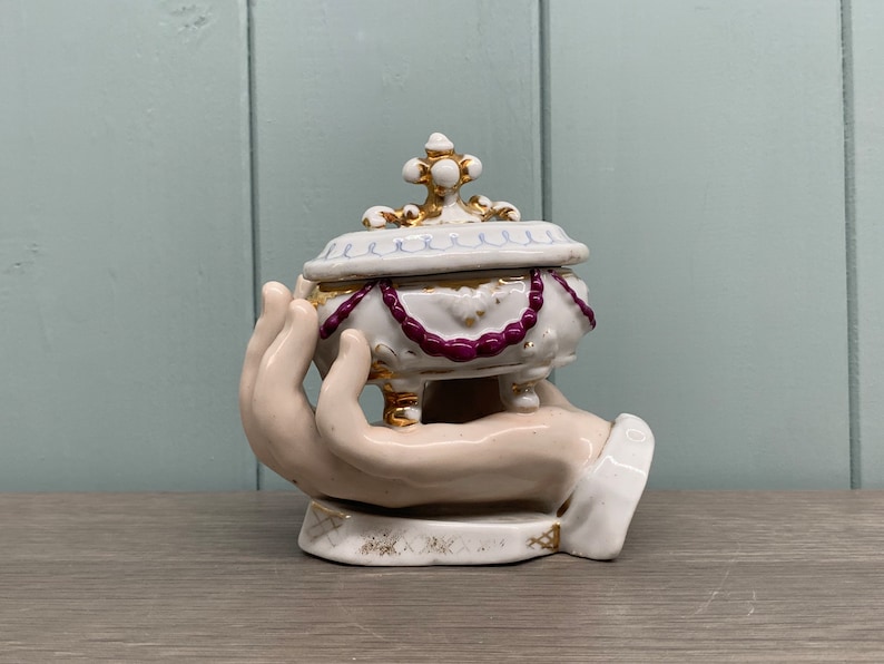Antique Conta & Boehme porcelain, Hard paste Porcelain Trinket Pot, 19th C Hand holding trinket, Possibly Germany image 1