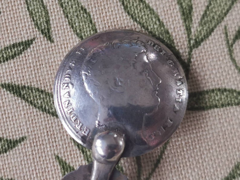 Vintage Solid Sterling Silver Teaspoon Ferdinand VII Coin on the Base of a Maltese Cross Stem