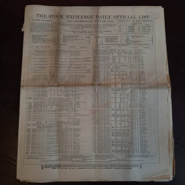 Original Antique News Paper, The stock Exchange Daily Officially list Friday December 9th 1927