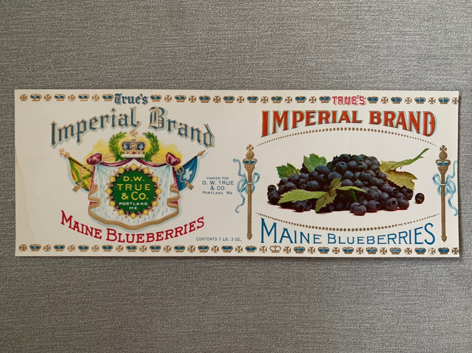 Image of 1930's True's Imperial Brand Blueberry Can Label. Genuine, Not A Reproduction. Perfect For Framing