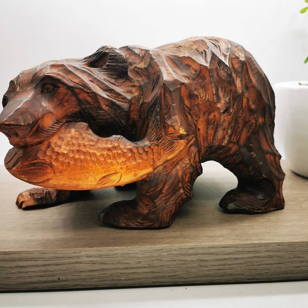 Ours en bois sculpté, ours japonais sculpté à la main avec du poisson saumon, 27,5 cm belles couleurs