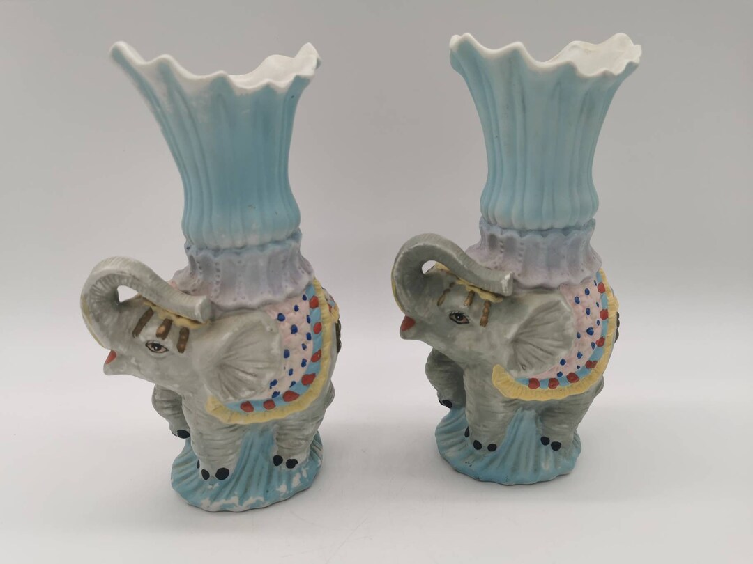 Pair of Vintage Elephant Vases Hand Painted 20.5cm Etsy