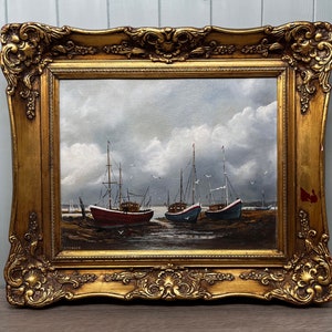 Fishing Boats Oil Painting by A Tingley, Nicely Framed, Beautiful Work