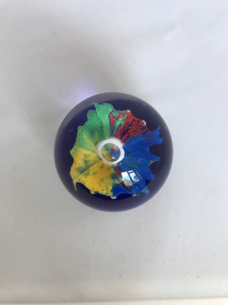 Blue Multicoloured Flower glass paper weight 6.5cm tall