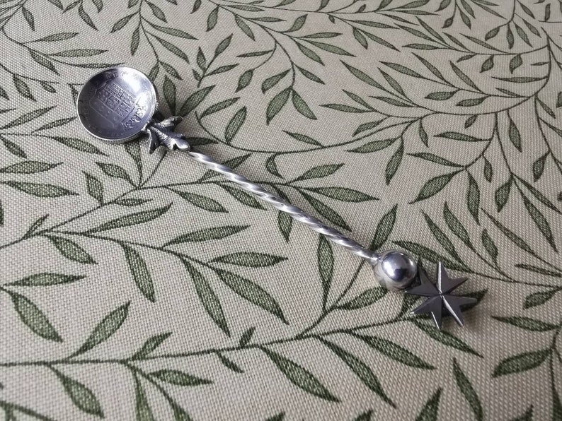 Vintage Solid Sterling Silver Teaspoon Ferdinand VII Coin on the Base of a Maltese Cross Stem