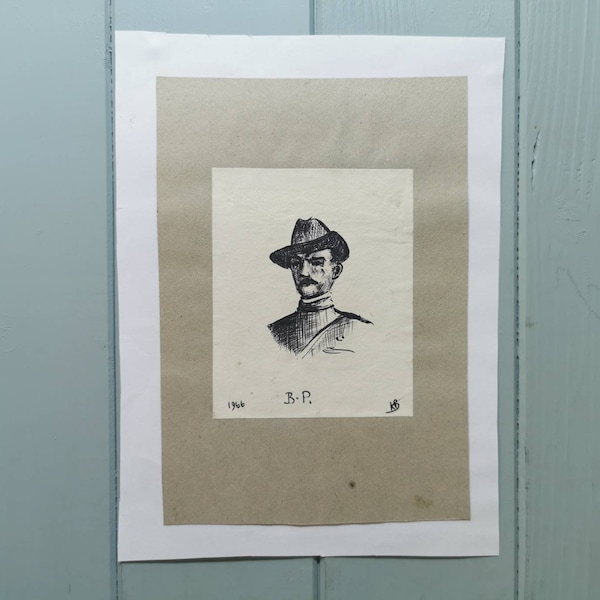 Boy Scout Founder Baden Powell, 1960's Vintage Penned Drawing