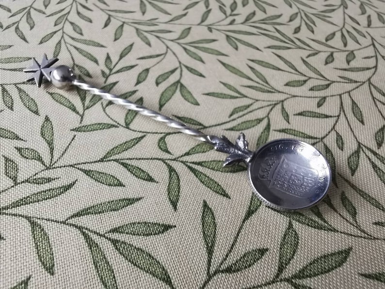 Vintage Solid Sterling Silver Teaspoon Ferdinand VII Coin on the Base of a Maltese Cross Stem
