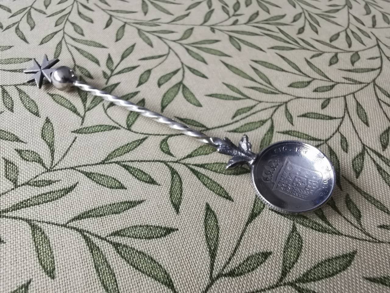 Vintage Solid Sterling Silver Teaspoon Ferdinand VII Coin on the Base of a Maltese Cross Stem