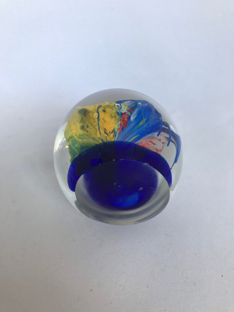 Blue Multicoloured Flower glass paper weight 6.5cm tall