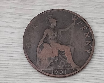 1901 Queen Victoria One Penny Coin British Money, Antique Coins