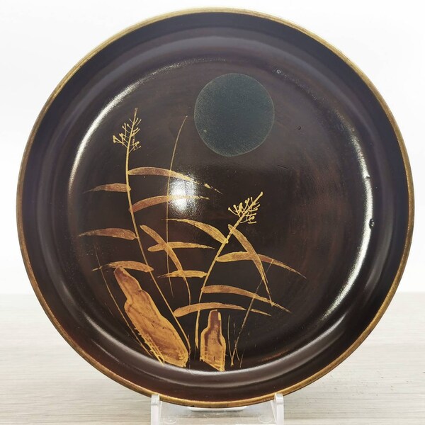 Plaque de laque en bois japonais, peinte à la main en marron avec plaque latérale de laque décor or 15.5cm
