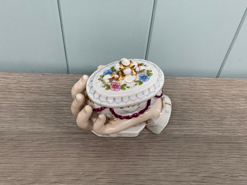 Antique Conta & Boehme porcelain, Hard paste Porcelain Trinket Pot, 19th C Hand holding trinket, Possibly Germany image 6