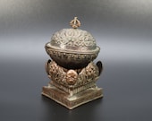 Dorje Carved Handmade Capala Auspicious Symbol Carved Kapala Set Cup Tantric Ritual Offering Bowl Vessel Old Tibetan Buddhist With Stand