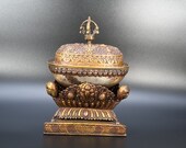 Dorje Headed Handmade Capala Auspicious Symbol Carved Kapala Set Cup Ritual Offering Bowl Vessel Tin Copper Old Tibetan Buddhist Bowl Stand