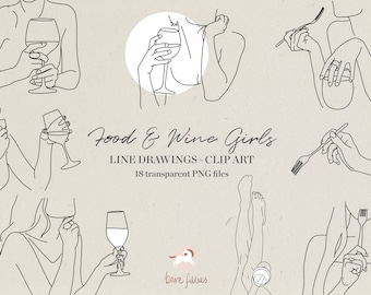 Food & Wine Girls Line Drawings - Clipart | Minimalist art | PNG files