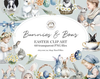 Bunnies and Bows Easter PNG clipart | transparent background | graphic images watercolor style