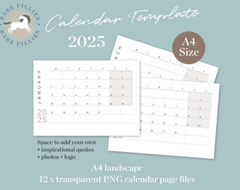 2025 Calendar A4 transparent PNG files (Digital Download – 1 zip folder containing 12 PNG files)