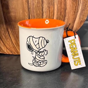 Snoopy Trick or Treat Mug, Peanuts Halloween Coffee Mug/Cup, Snoopy Mummy Mug, Snoopy Halloween Mug, Halloween Mug, Stoneware by Gibson