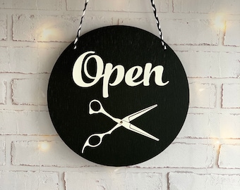 Hair salon Open Closed sign with scissors Business sign Barbershop sign Storefront sign Reversible sign Wooden sign for shop